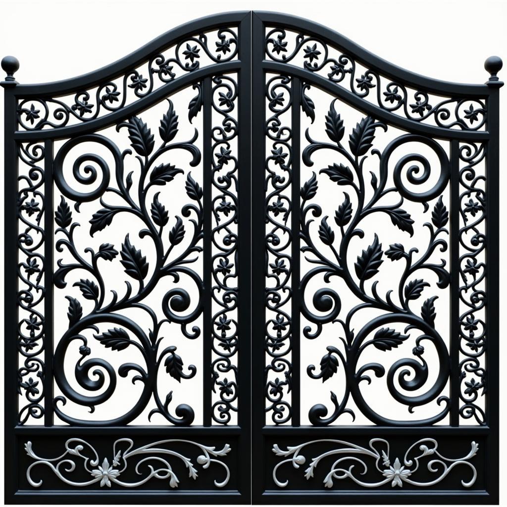 Mẫu cửa cổng CNC kim loại nghệ thuật 4 cánh với họa tiết hoa lá phức tạp, tăng vẻ sang trọng cho biệt thự.